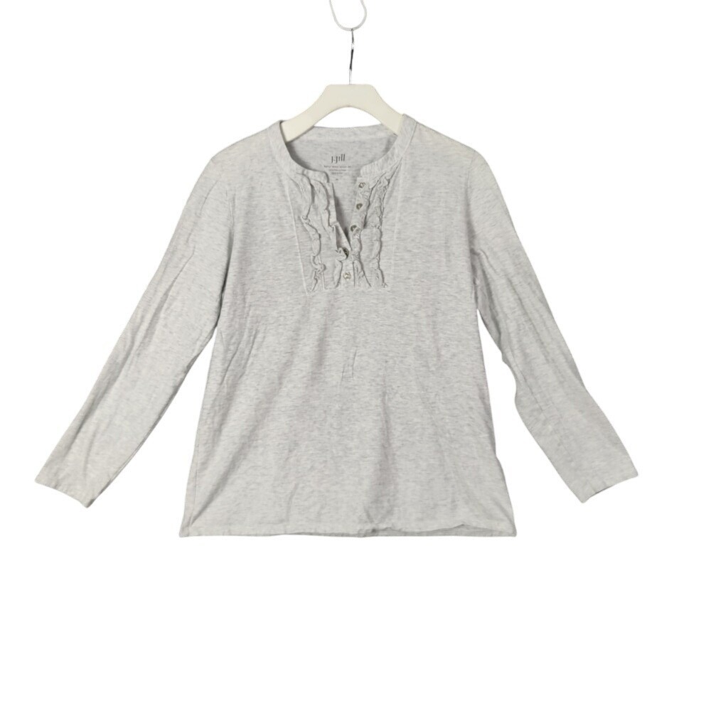 J. Jill Womens Cottagecore Romantic Henley Top M Shirt Gray Ruffle Pima Cotton